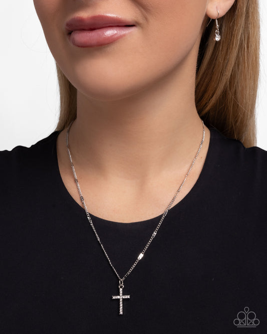 Endless Faith - White Dainty Rhinestone Embellished Silver Cross Pendant Paparazzi Necklace & matching earrings