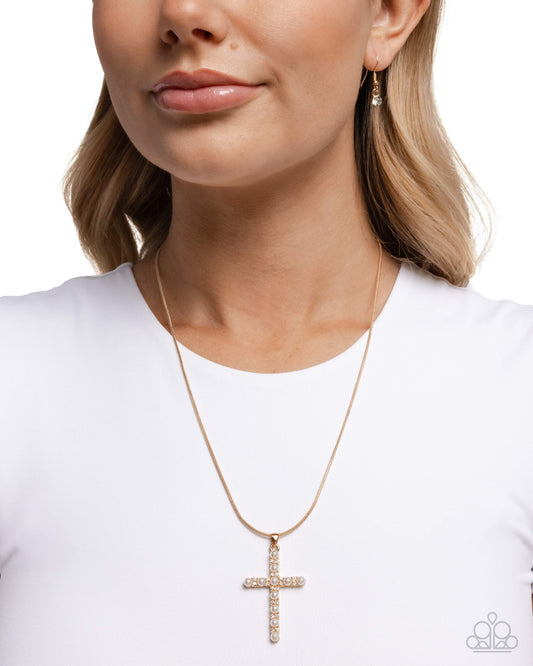 Holy Harmony - Gold/White Pearl Cross Pendant Paparazzi Necklace & matching earrings