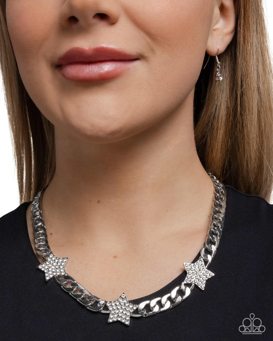Uncle Sam Stars - White Rhinestone Stars/Silver Curb Chain Paparazzi Necklace & matching earrings