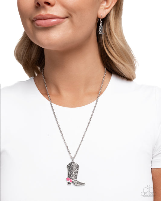Blazing Boot - Pink Flower Accent/Silver Cowboy Boot Pendant Paparazzi Necklace & matching earrings