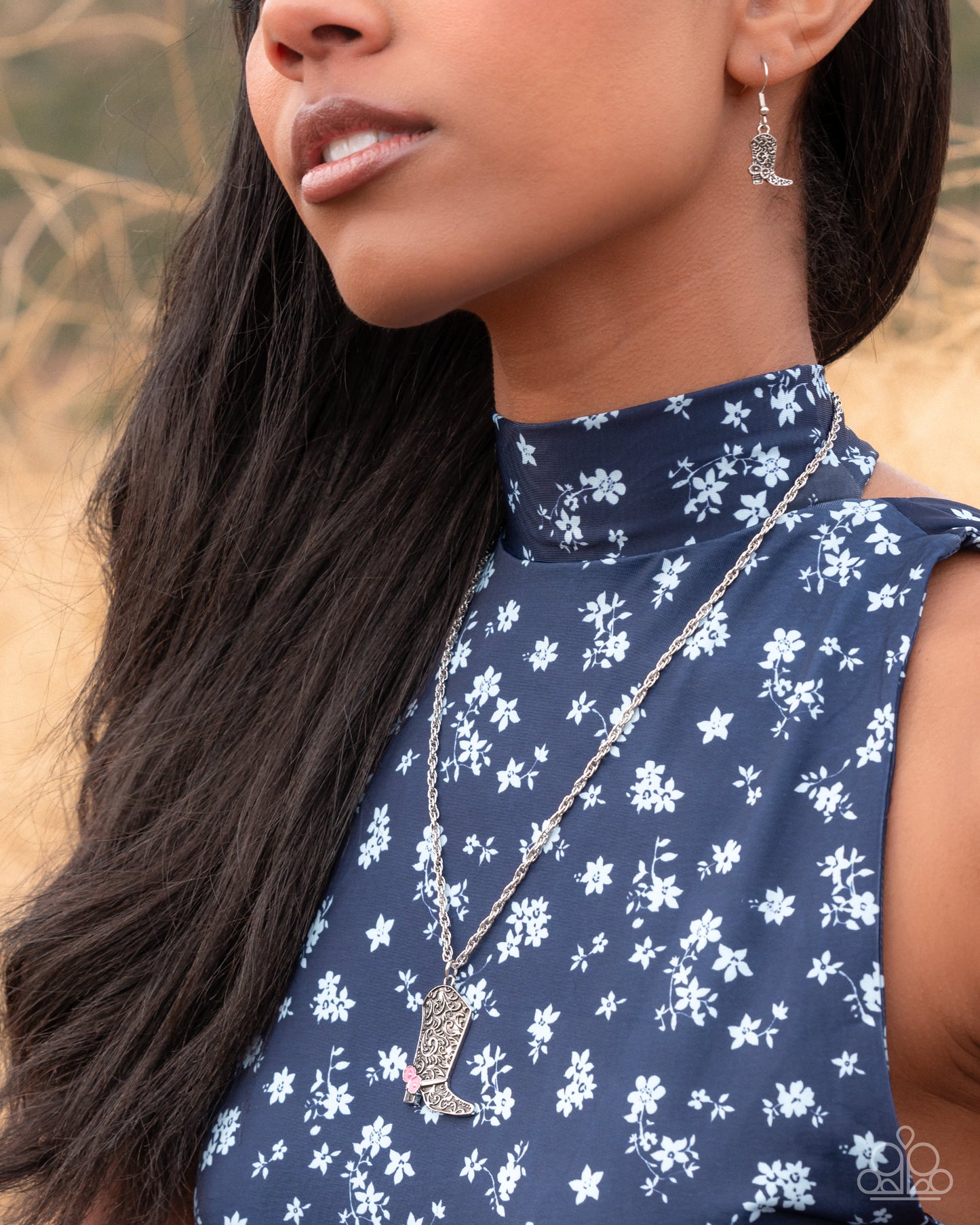 Blazing Boot - Pink Flower Accent/Silver Cowboy Boot Pendant Paparazzi Necklace & matching earrings