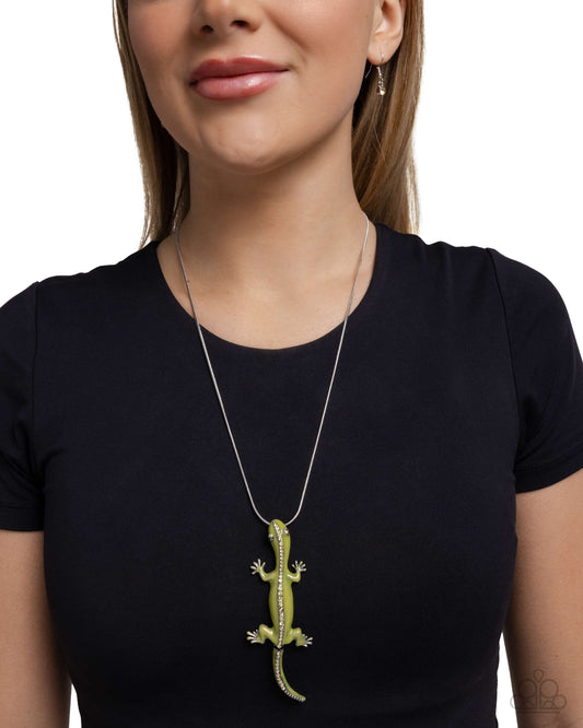 Salamander Statement - Green Painted/White Rhinestone Salamander Pendant Paparazzi Necklace & matching earrings