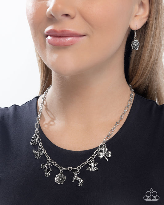 Storyteller Sheen - Silver Book-Inspired Charms Paparazzi Necklace & matching earrings