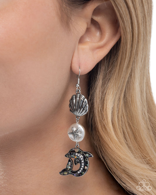 Delightful Dolphin - White Pearl, Silver Seashell, & Silver Dolphin Paparazzi Earrings