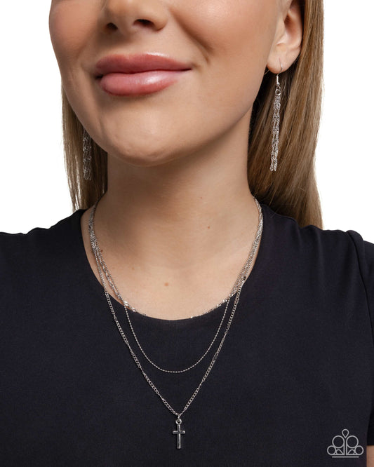 Divine Dedication - Silver Chains/Silver Cross Pendant Paparazzi Necklace & matching earrings