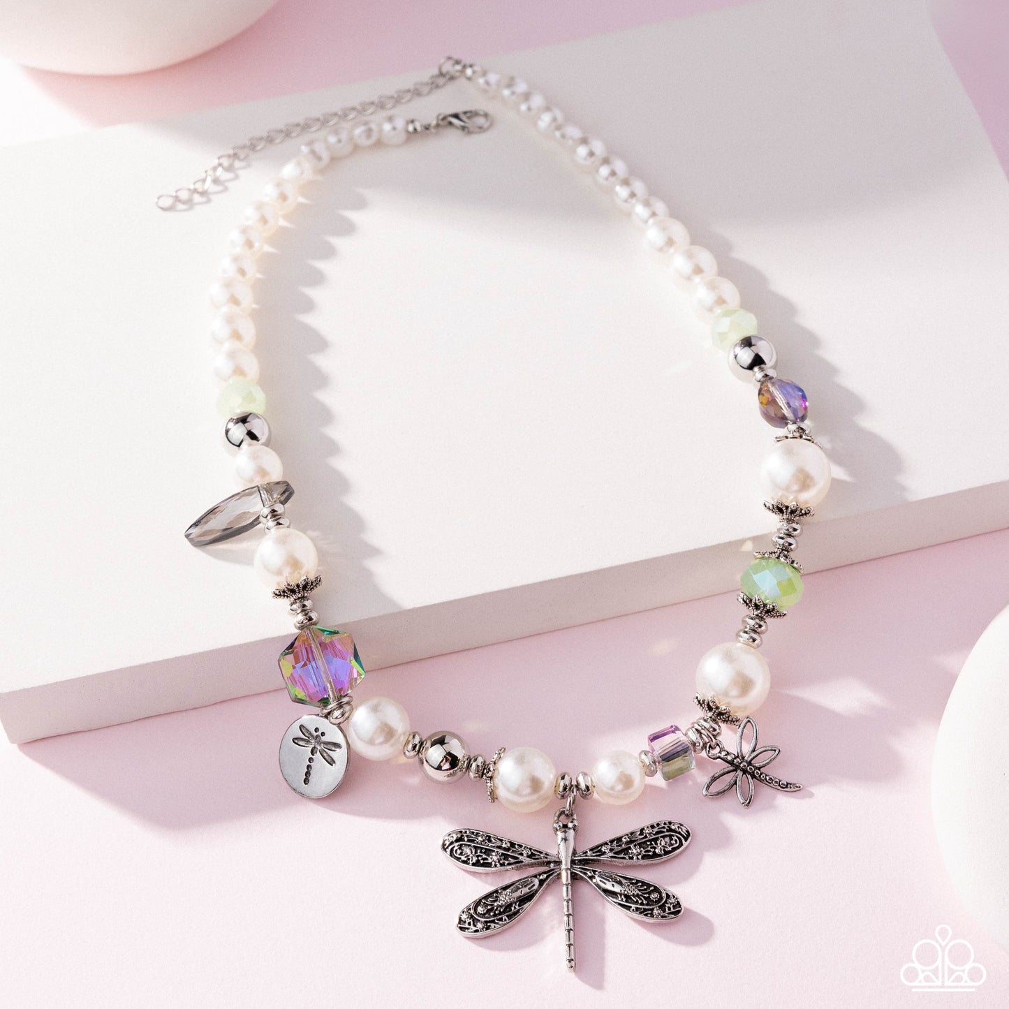 Dragonfly Delight - Multicolored Beads/White Pearls/Silver Dragonfly Charm Paparazzi Necklace & matching earrings