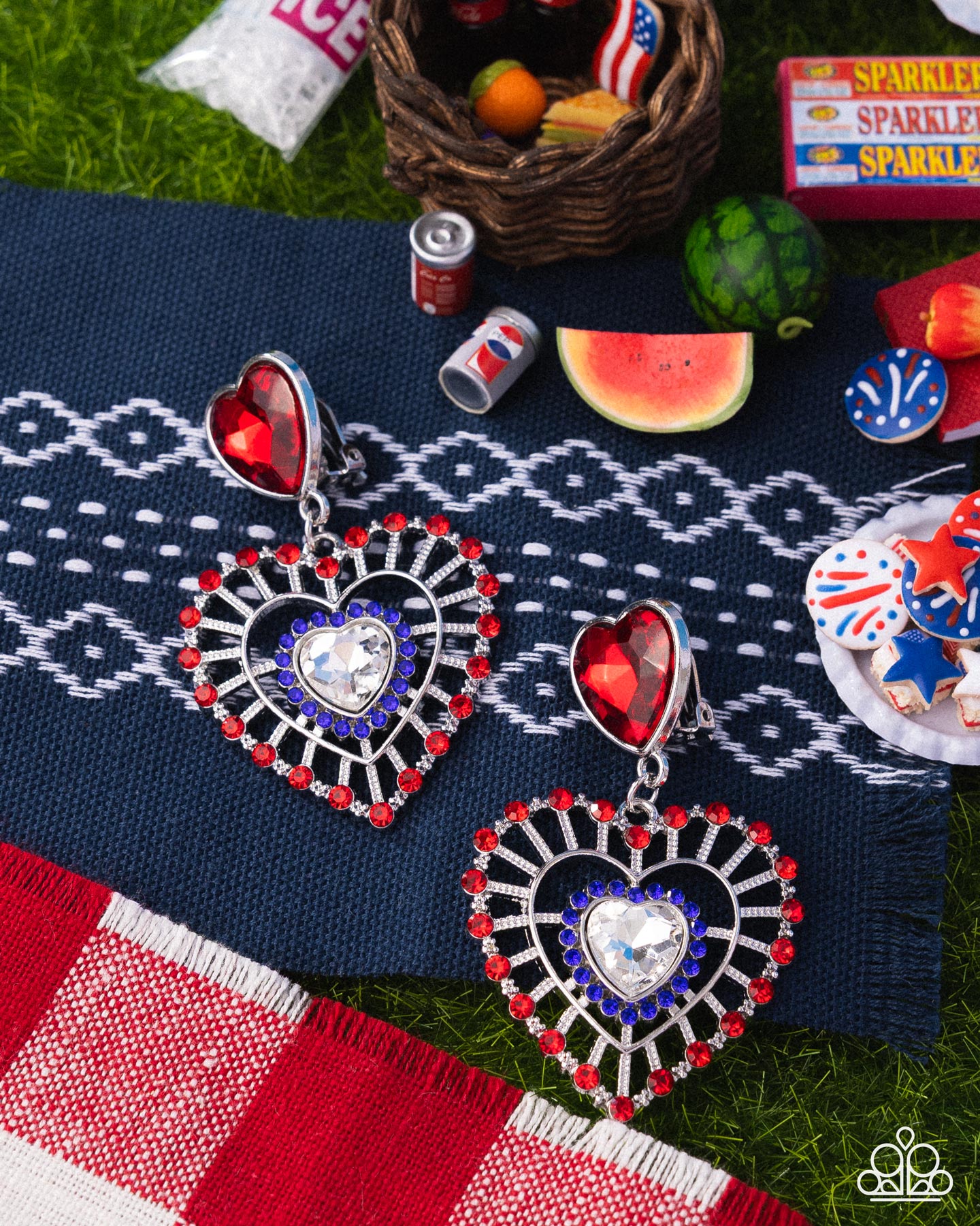 Patriotic Pattern - Multicolored Rhinestone Heart Paparazzi CLIP-ON Earrings