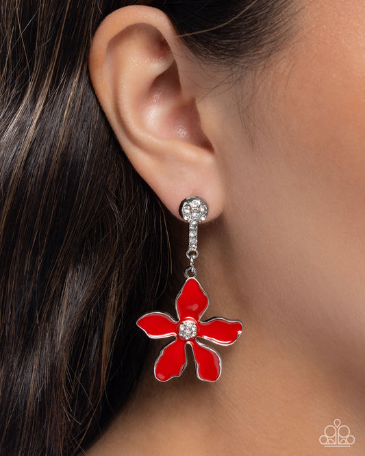 Floral Fleet - Red & White Rhinestone Abstract Flower Paparazzi Earrings