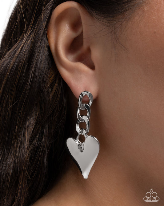 Mechanic Match - Silver Curb Chain & Silver Heart Paparazzi Earrings