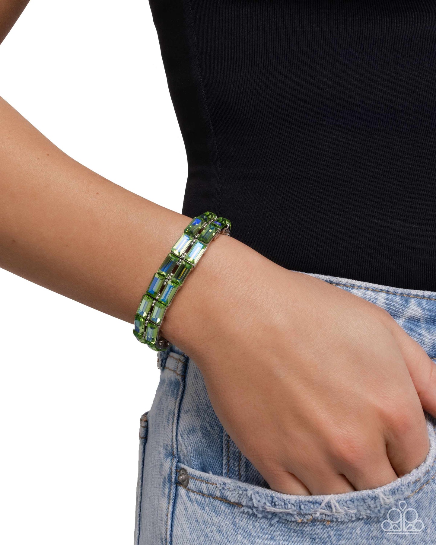 Symmetrical Statement - Green UV Gems Paparazzi Stretch Bracelet