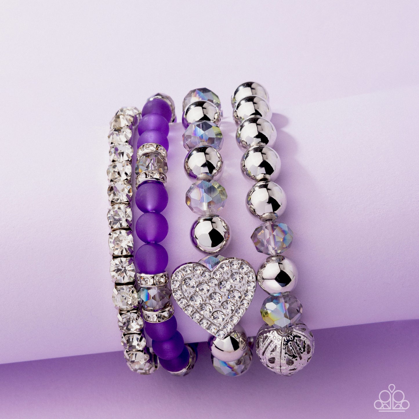 Poetically Plush - Purple/Silver Beads/White Rhinestones Set of 4 Paparazzi Stretch Bracelets