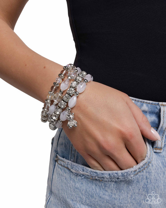 Bewitching Bear - White Rhinestones, Silver Beads, White Beads, & Silver Bear Charm Paparazzi Set of 4 Stretch Bracelets