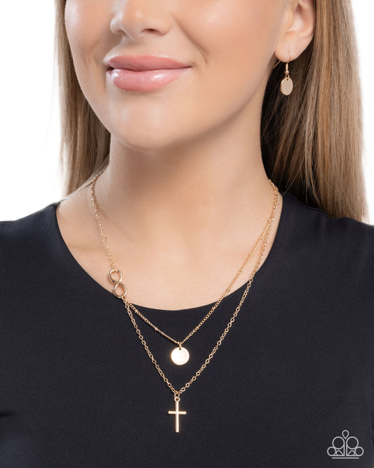 Eternal Embrace - Gold Infinity Sign/Gold Cross/Gold Chains Paparazzi Necklace & matching earrings