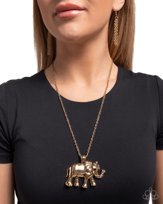 Elaborate Elephant - Gold Oversized Elephant Pendant Paparazzi Necklace & matching earrings