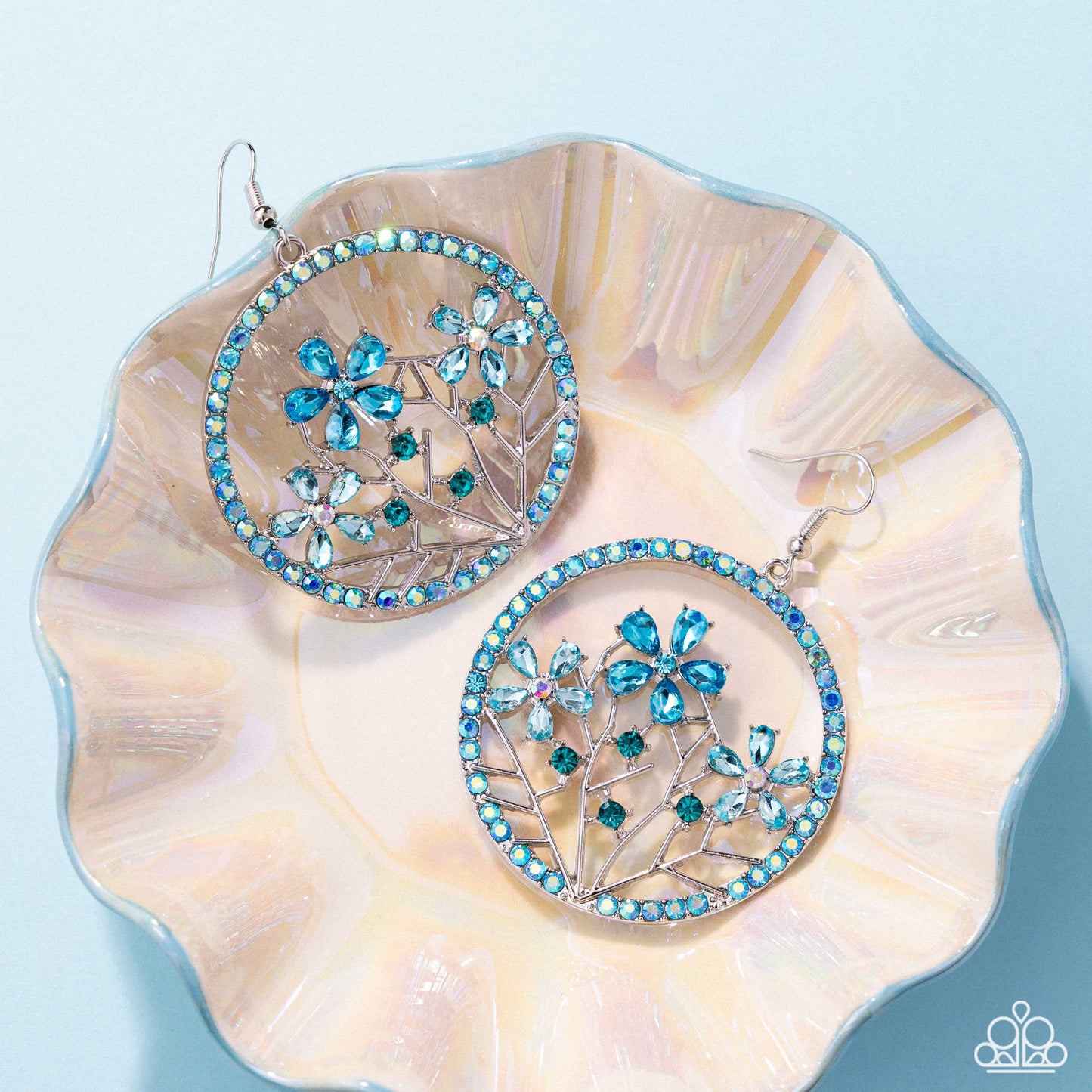 Basic Bouquet - Blue Aquamarine Iridescent Rhinestone Flowers Paparazzi Earrings