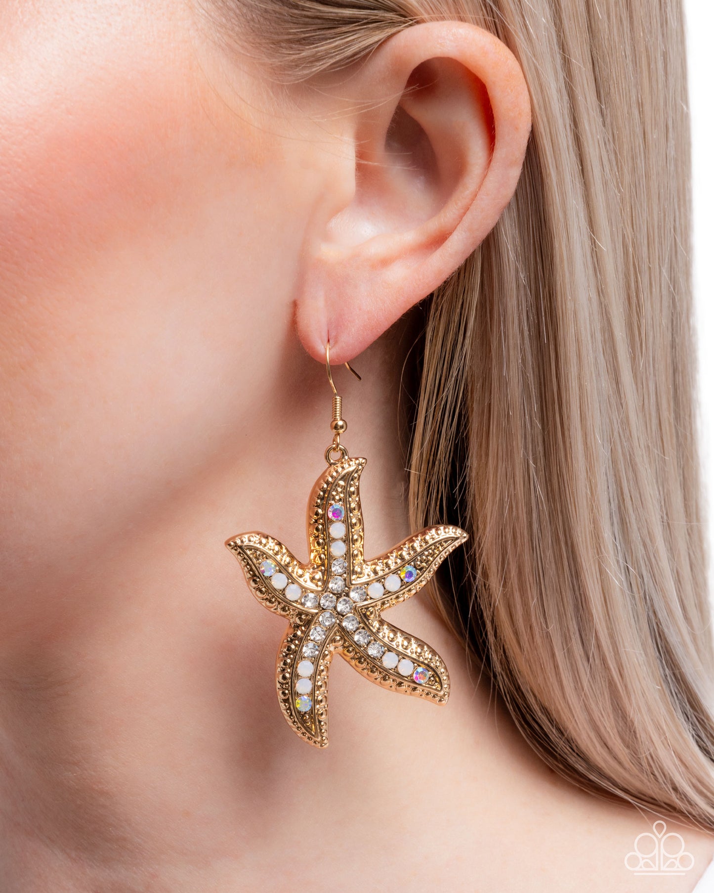 Seize the Starfish - Gold 3-D Starfish/Dainty Rhinestones Paparazzi Earrings
