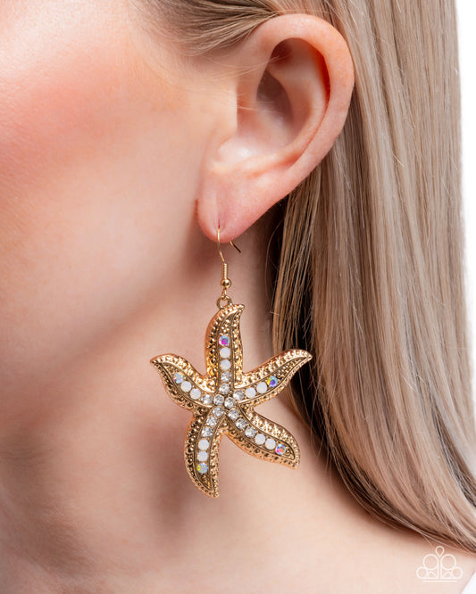 Seize the Starfish - Gold 3-D Starfish/Dainty Rhinestones Paparazzi Earrings
