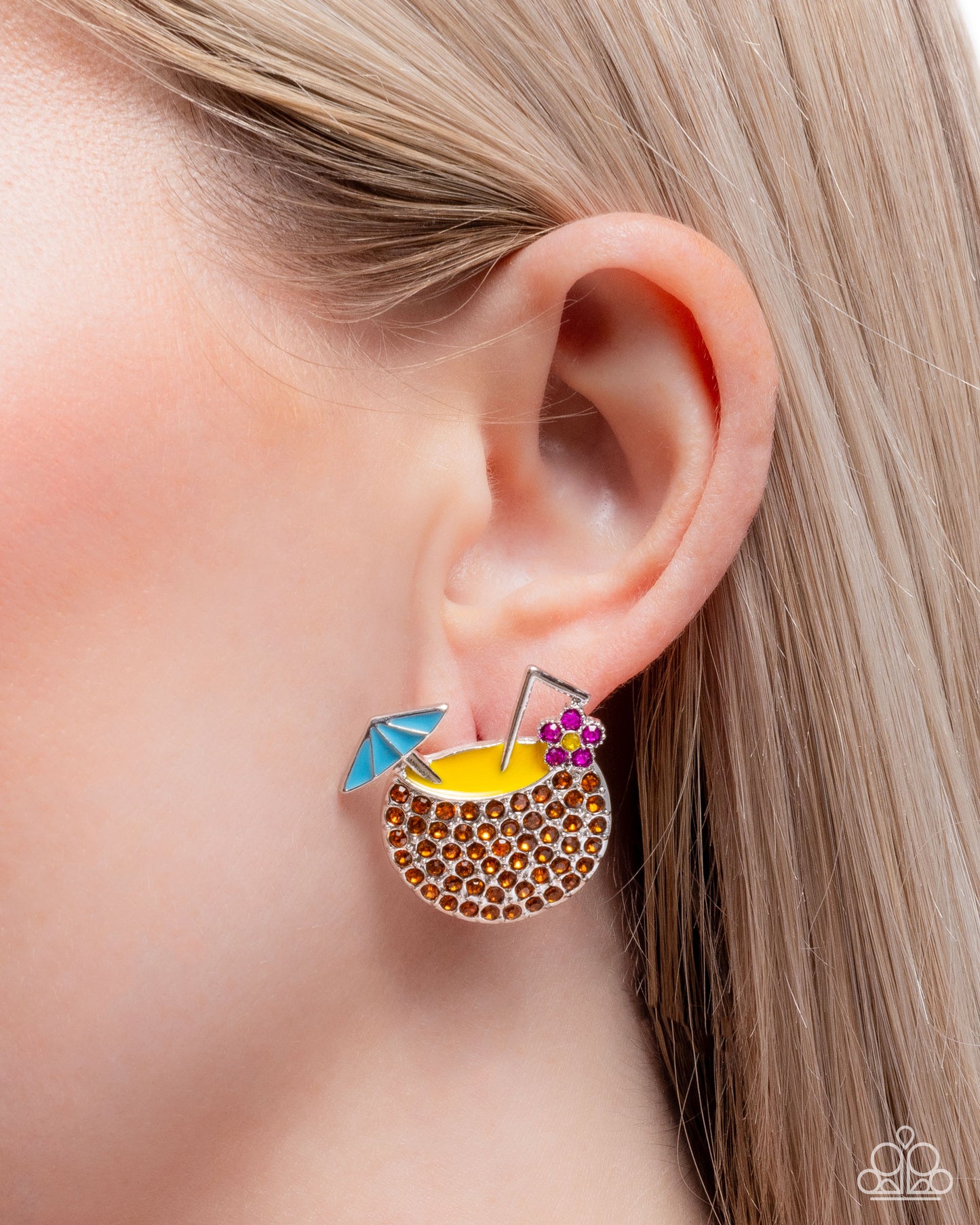 Vacation Mode - Multicolored Rhinestone Coconut Drink Paparazzi Post Earrings
