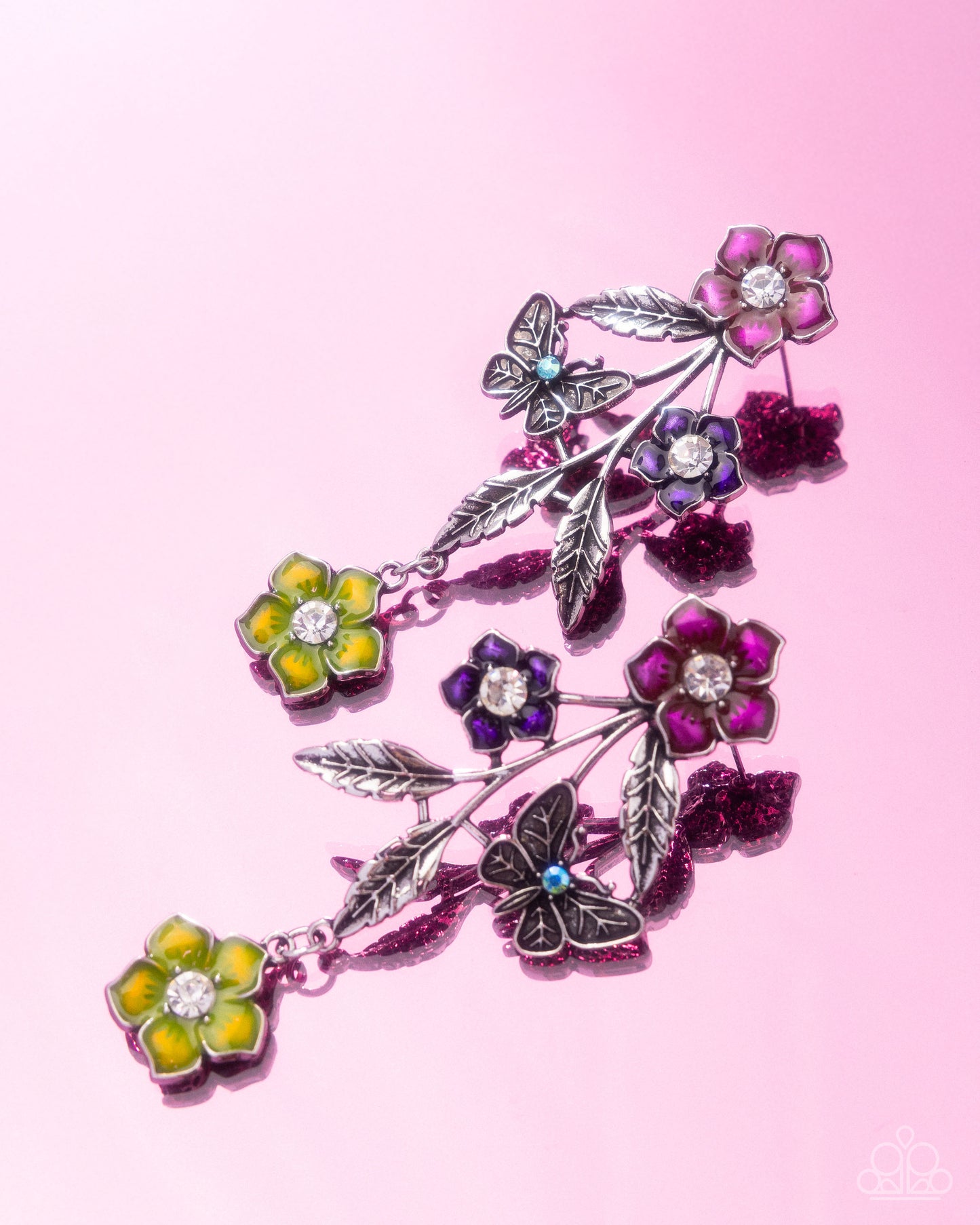 Whimsical Weekend - Multicolor Painted Silver Flowers/Silver Butterfly Paparazzi Earrings