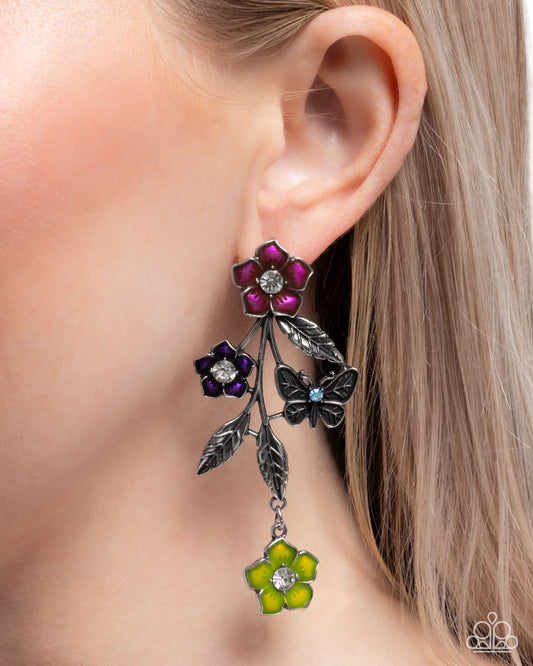 Whimsical Weekend - Multicolor Painted Silver Flowers/Silver Butterfly Paparazzi Earrings