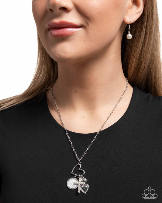 Purely Blessed - White Pearl Encrusted Cross/Embossed Heart Charm Pendant Paparazzi Necklace & matching earrings