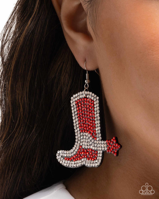 Benevolent Boot - Red & White Rhinestone Cowboy Boot Paparazzi Earrings