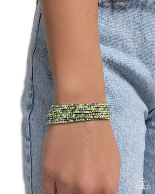 Candlelight Cascade - Green Rhinestones, Iridescent Rhinestones, & Lime Acrylic Beaded Set of 8 Paparazzi Stretch Bracelets