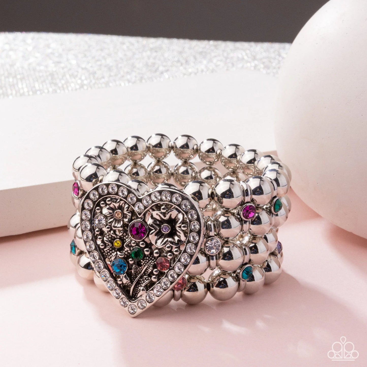 Personal History - Multicolored Rhinestones/Silver Beads/Floral Filigree Heart Paparazzi Stretch Bracelet