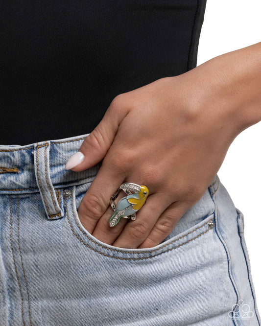 Twinkling Toucan - Yellow & Blue Painted Toucan Paparazzi Ring