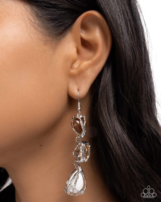 The Next Right Thing - White Marbled Teardrop, Peach Gem, & Tan Bead Paparazzi Earrings