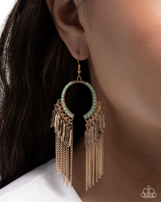 Free-Spirited Fringe - Green Opal-Like Rhinestones/Textured Gold Feather Charm Fringe Paparazzi Earrings