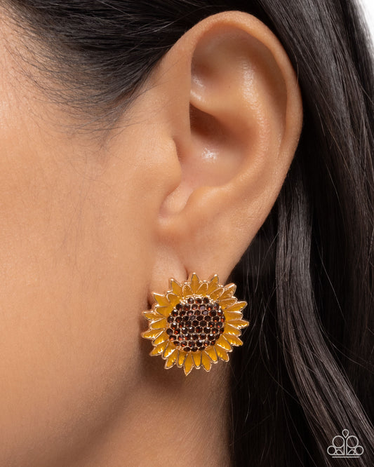 Blooming Beat - Brown Rhinestone Centers/Yellow Painted Sunflower Petals Paparazzi Post Earrings