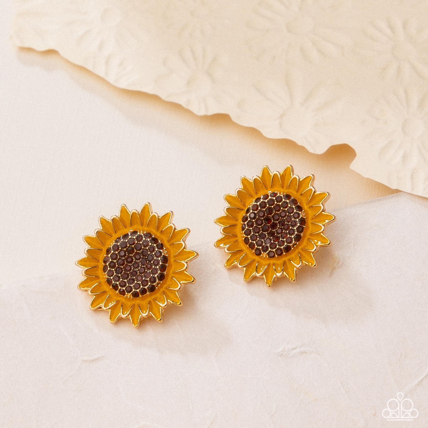 Blooming Beat - Brown Rhinestone Centers/Yellow Painted Sunflower Petals Paparazzi Post Earrings
