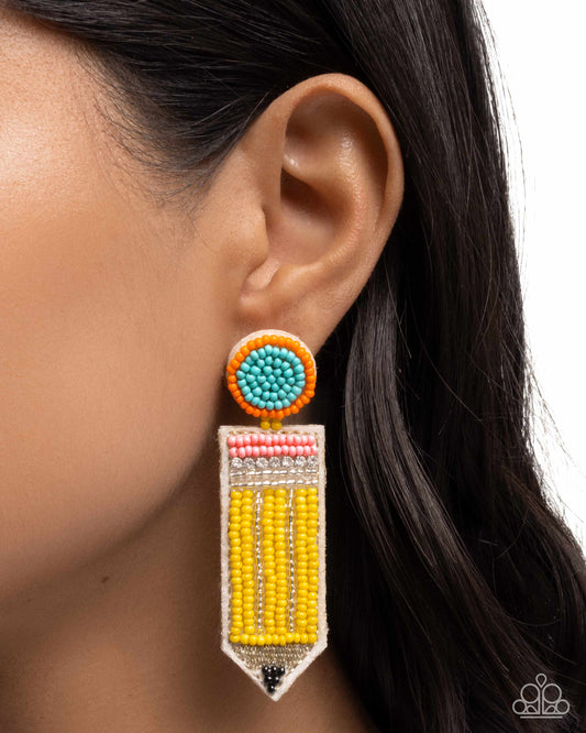 Phenomenal Pencil - Yellow, Silver, Turquoise, Orange, Pink, & Black Seed Bead Pencil Paparazzi Earrings