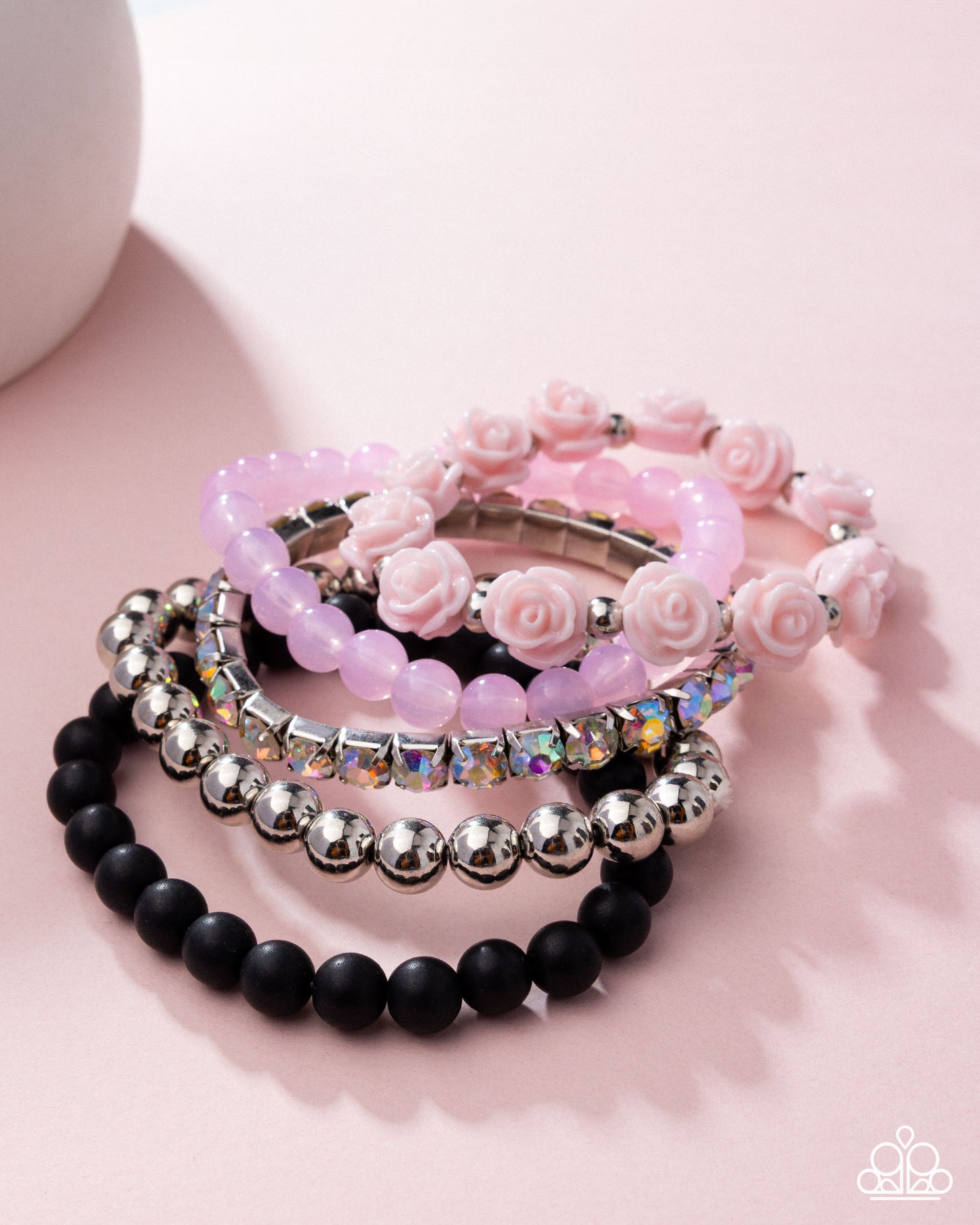Rose Garden Grandeur - Pink Resin Roses, Black & Pink Beads, & Iridescent Rhinestones Paparazzi Set of 5 Stretch Bracelets