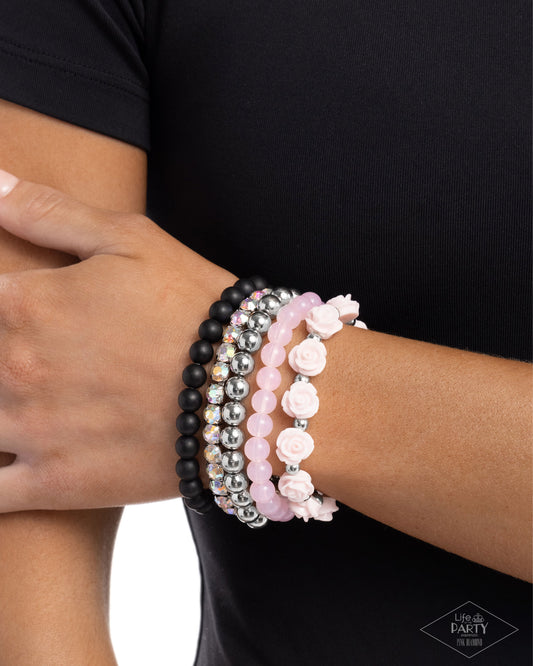Rose Garden Grandeur - Pink Resin Roses, Black & Pink Beads, & Iridescent Rhinestones Paparazzi Set of 5 Stretch Bracelets