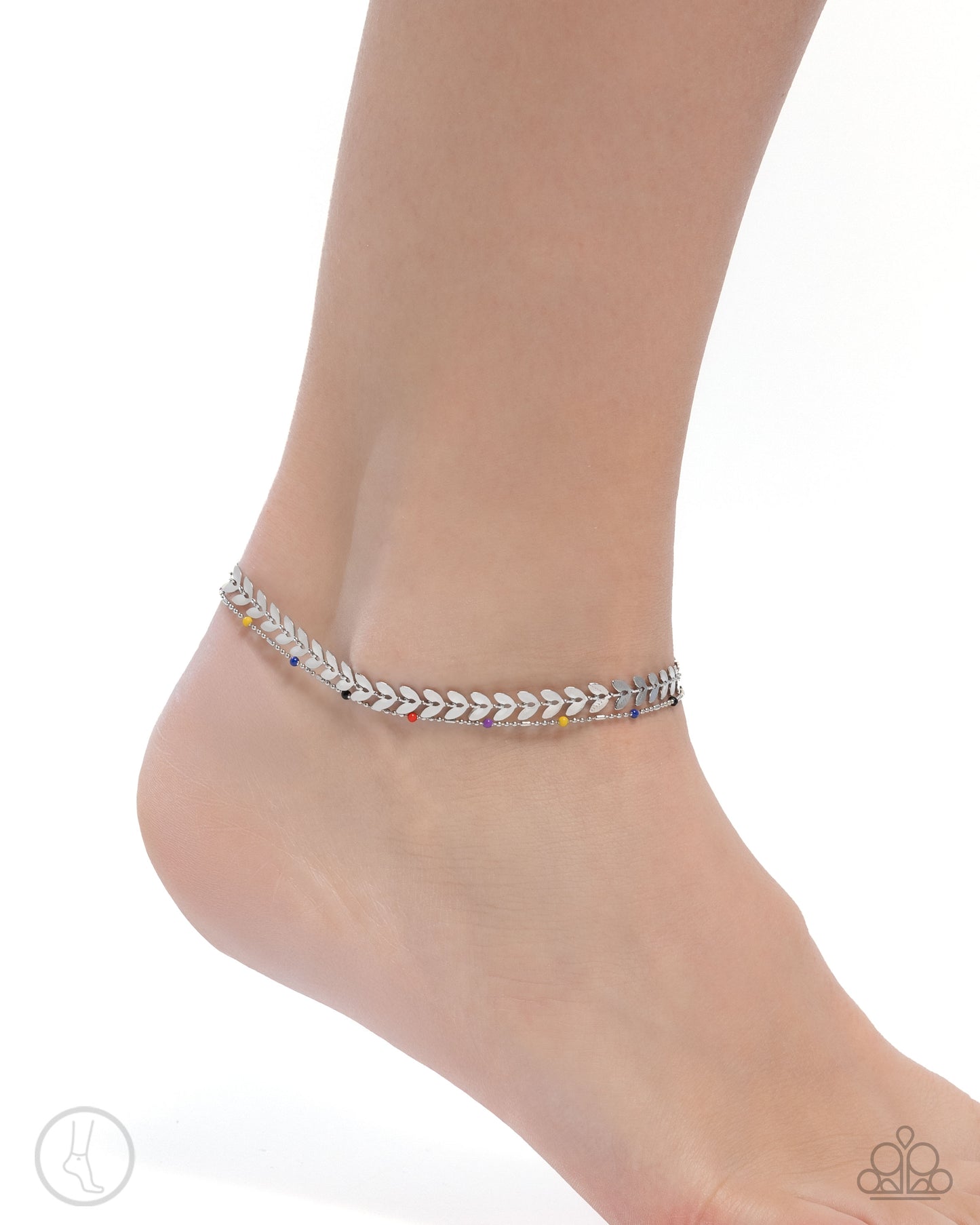 Actionable Anklet - Multicolored Seed Beads/Linked Silver Leaves Paparazzi Anklet