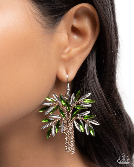 Palm Tree Pizzazz - Green Gem Palm Leaves/Topaz Rhinestone Trunk Paparazzi Earrings