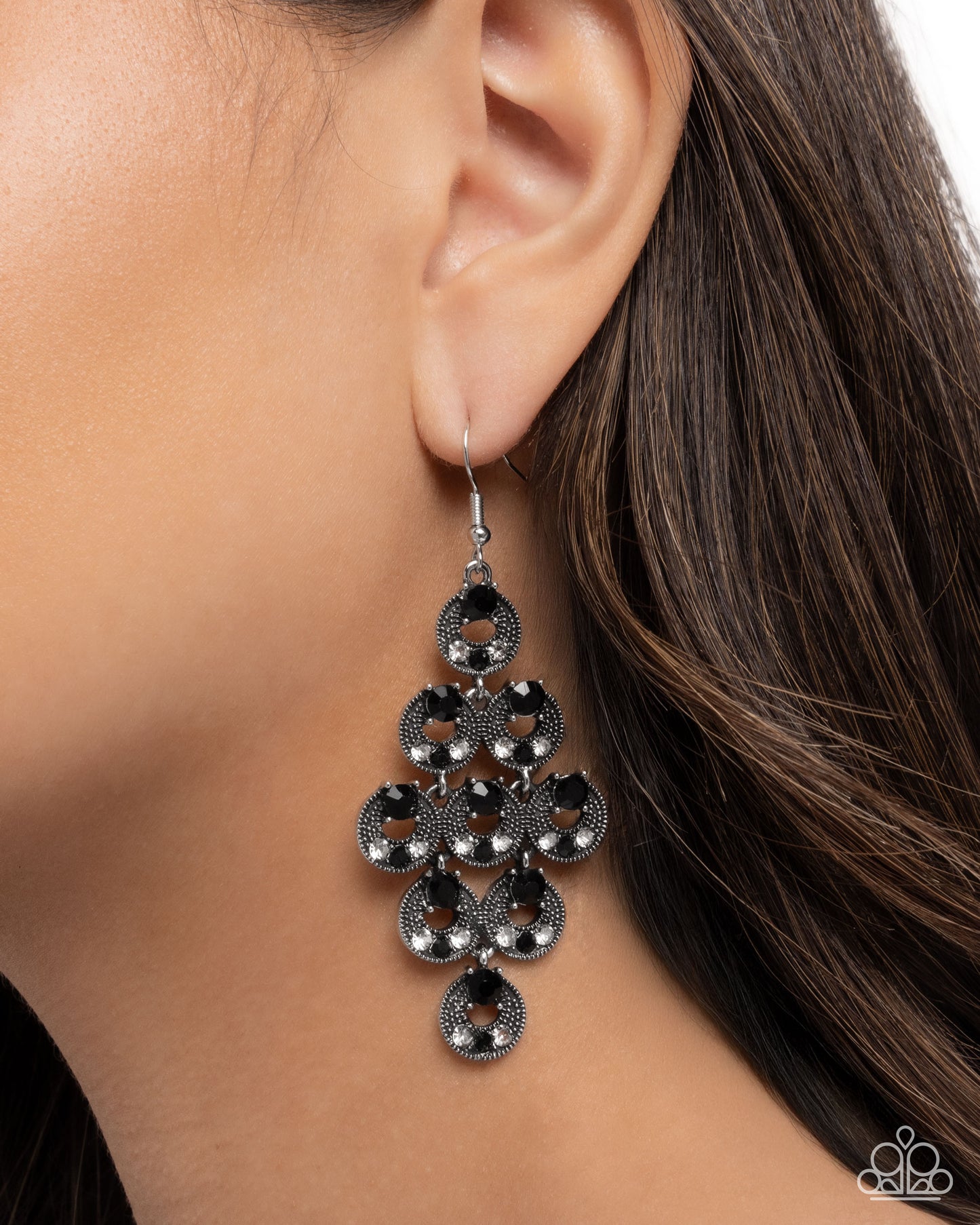 Find Your Sparkle - Black & Smoky Rhinestones/Textured Silver Rings Paparazzi Earrings