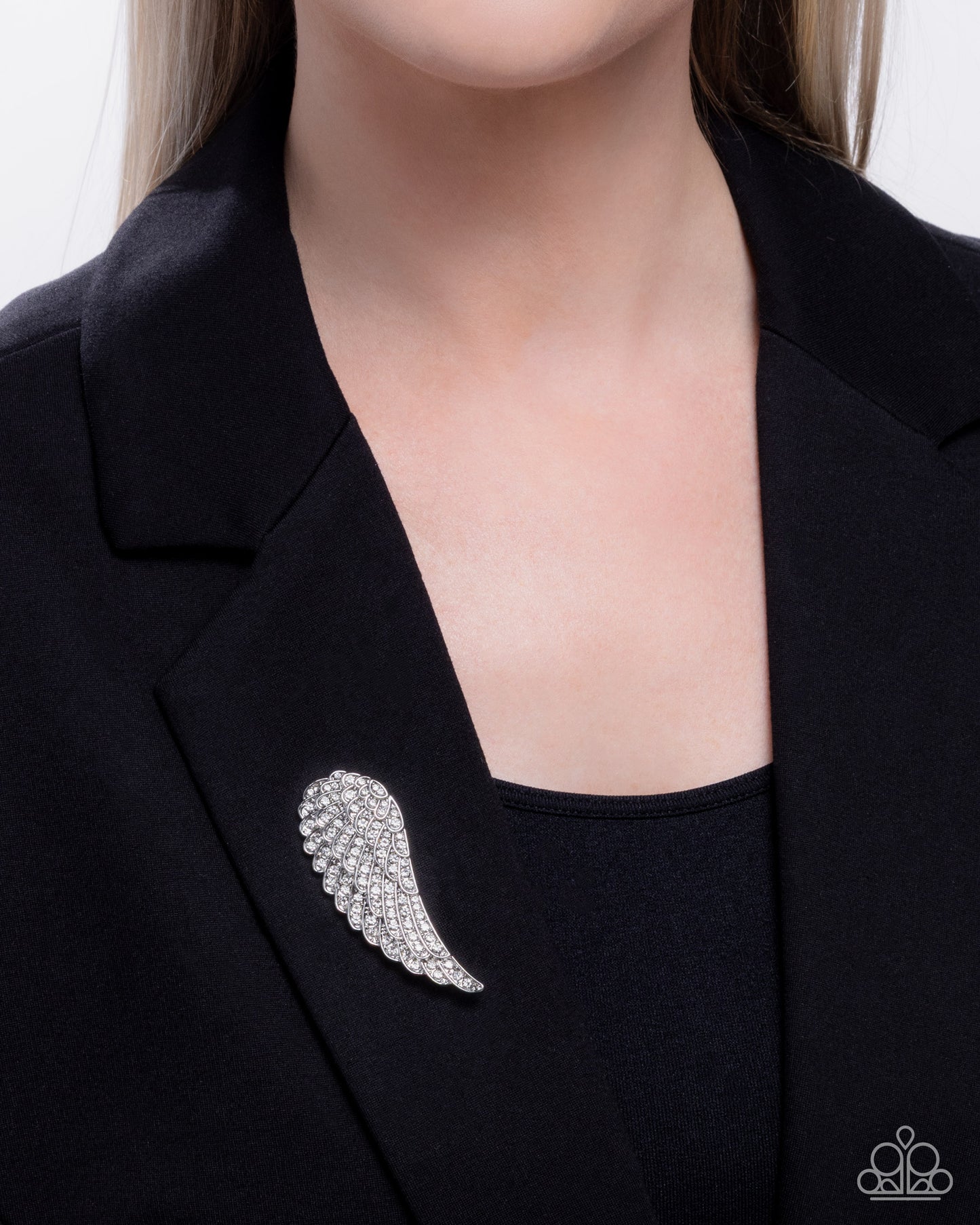 Angelic Affection - White Rhinestone Encrusted Silver Angel Wing Paparazzi Brooch