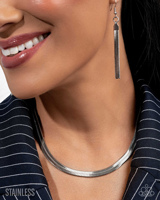 Herringbone Haute - Silver Herringbone Chain Paparazzi Choker Necklace & matching earrings