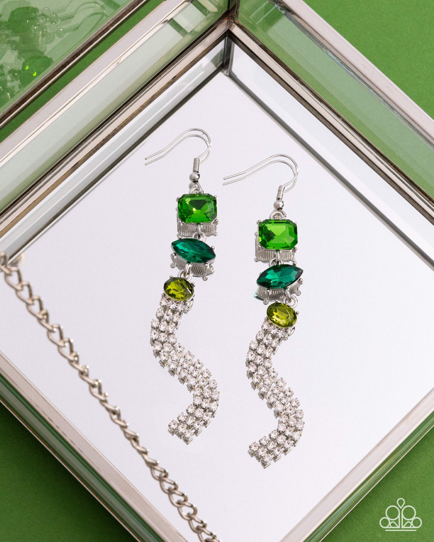 Mismatched Moment - Green Multicolored Gems/White Rhinestone Fringe Paparazzi Earrings