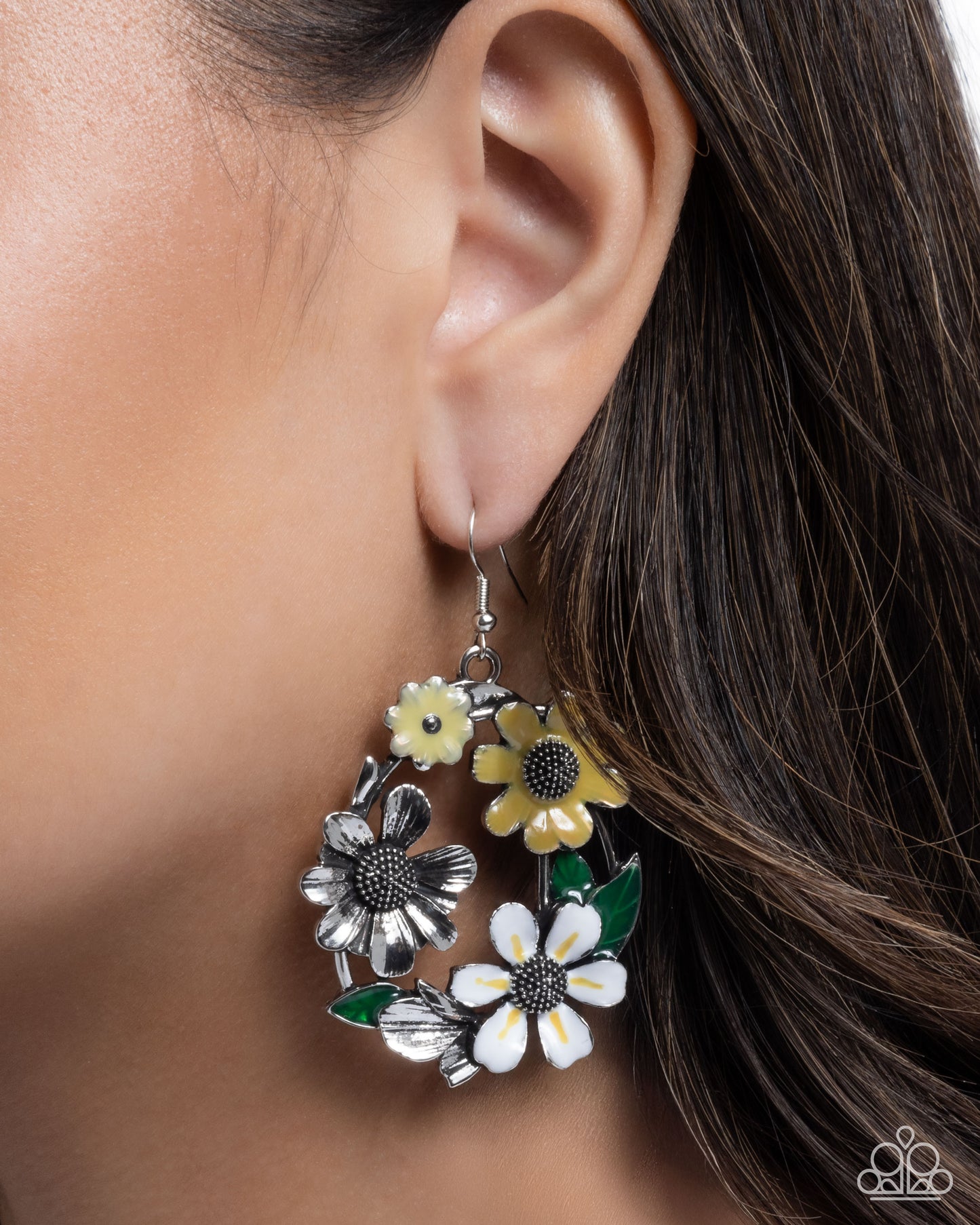 Wreathed Weekday - Yellow, White, & Antiqued Silver Flower Paparazzi Earrings