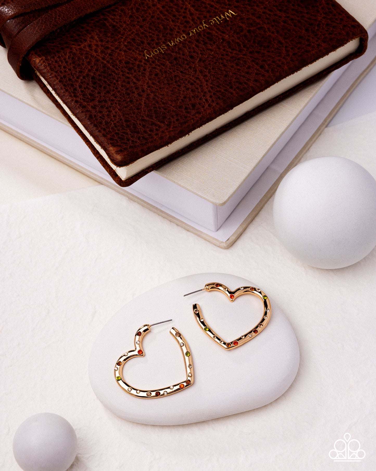 Mosaic Matchmaker - Multicolored Dainty Rhinestones & Gold Heart Hoop Paparazzi Earrings