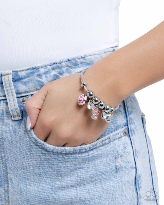 Windblown Whimsy - Pink Rose, Pink Rhinestone Butterfly Charms Paparazzi Charm Bracelet