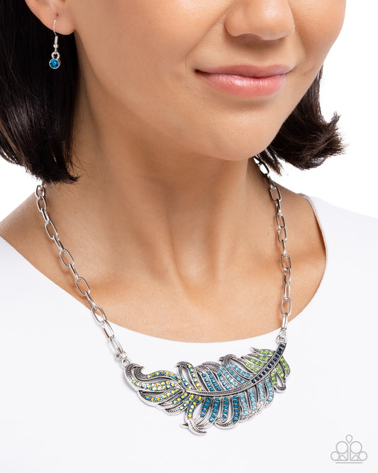 Fancy Feather - Blue/Iridescent/Green Rhinestone Encrusted Silver Feather Pendant Paparazzi Necklace & matching earrings