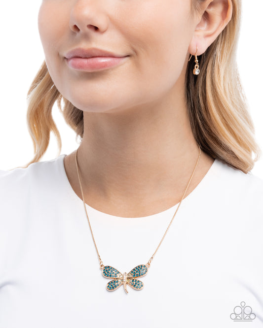 Dragonfly Direction - Gold/Multicolored Rhinestone Dragonfly Pendant Paparazzi Necklace & matching earrings