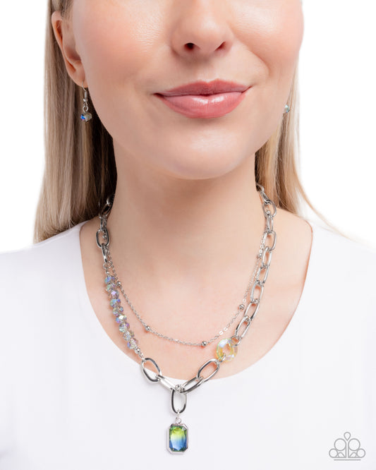 Transparent Tapestry - Green UV Gem Pendant/Silver Paperclip Chain Paparazzi Necklace & matching earrings