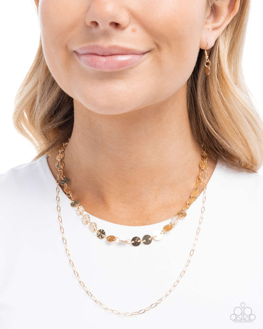 Dominant Discs - Gold Hammered Discs/Gold Paperclip Chain Paparazzi Necklace & matching earrings