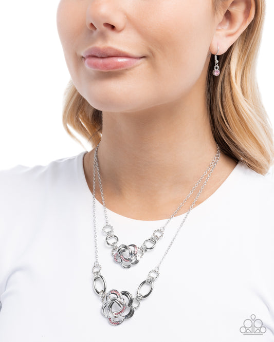 Remarkable Rose - Pink Rhinestone Embellished Silver Floral Frames Paparazzi Necklace & matching earrings